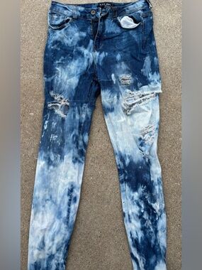 Wax Jean High-Rise Bleached Tie-Dye Distressed Blue Jeans ONE OF ONE